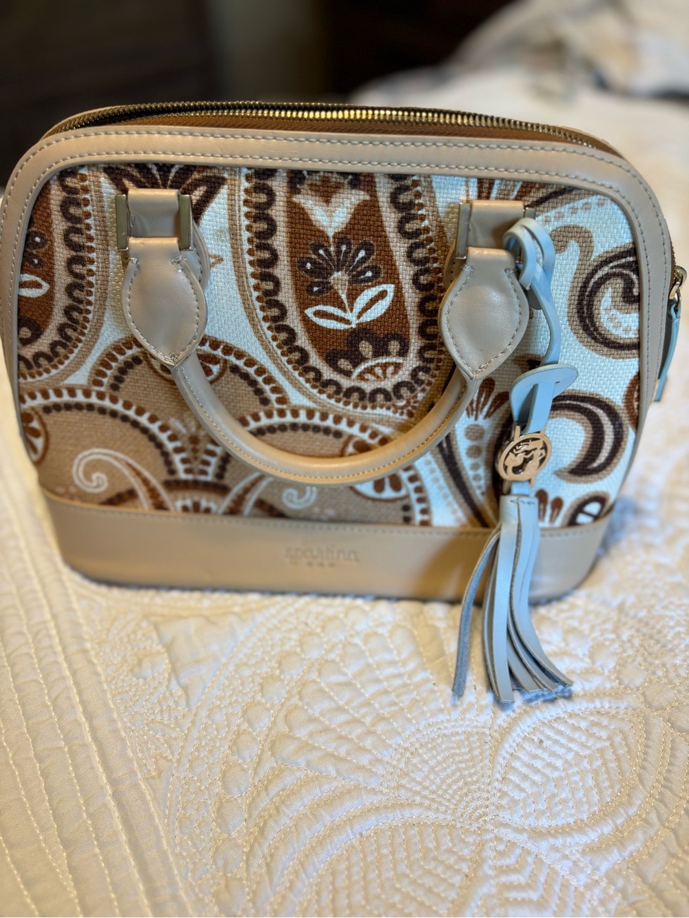 Spartina 449 Beige Paisley Satchel Crossbody Bag Boho Coastal Tassel Purse - Picture 2 of 7